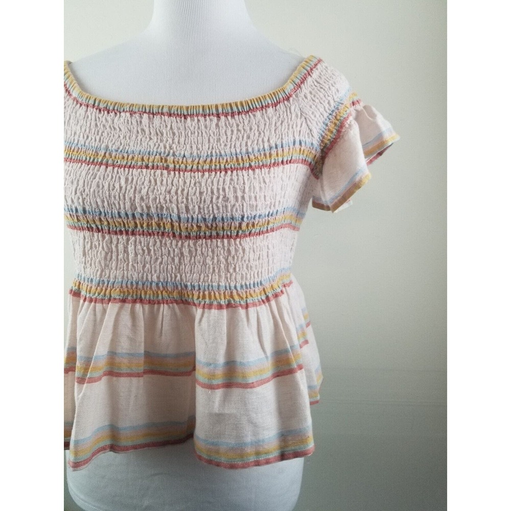 American Eagle Medium Top Smocked Peplum Crop Linen Blend Striped Women’s - Picture 2 of 10